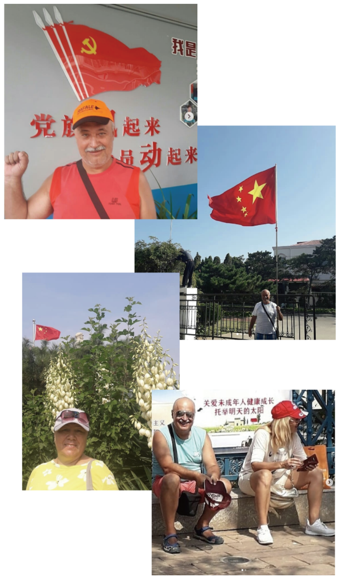 上了一定岁数的俄罗斯游客喜欢在北戴河与中国国旗,党旗合照,打卡.
