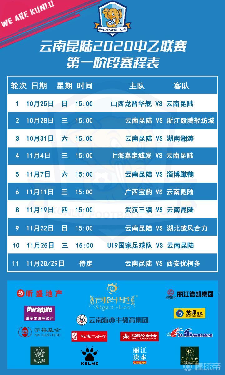 云南昆陆2020中乙联赛第一阶段赛程