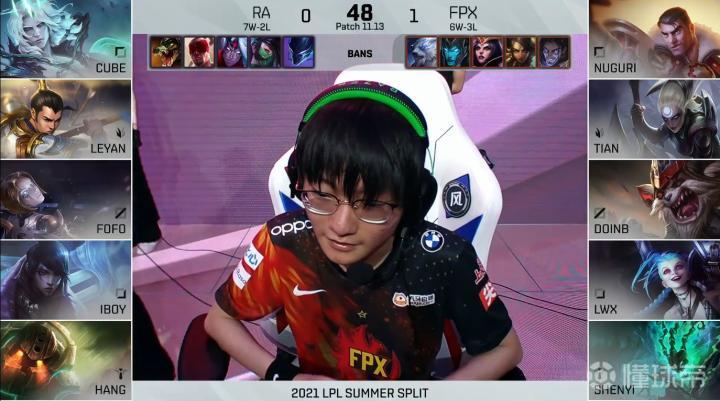 赛况第5分钟,fpx入侵野区,ra佛耶戈留人击杀皎月拿到一血.