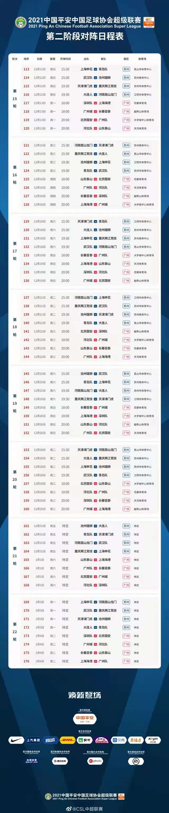 2021中超联赛赛程正式发布！封闭比赛，间歇缩短...