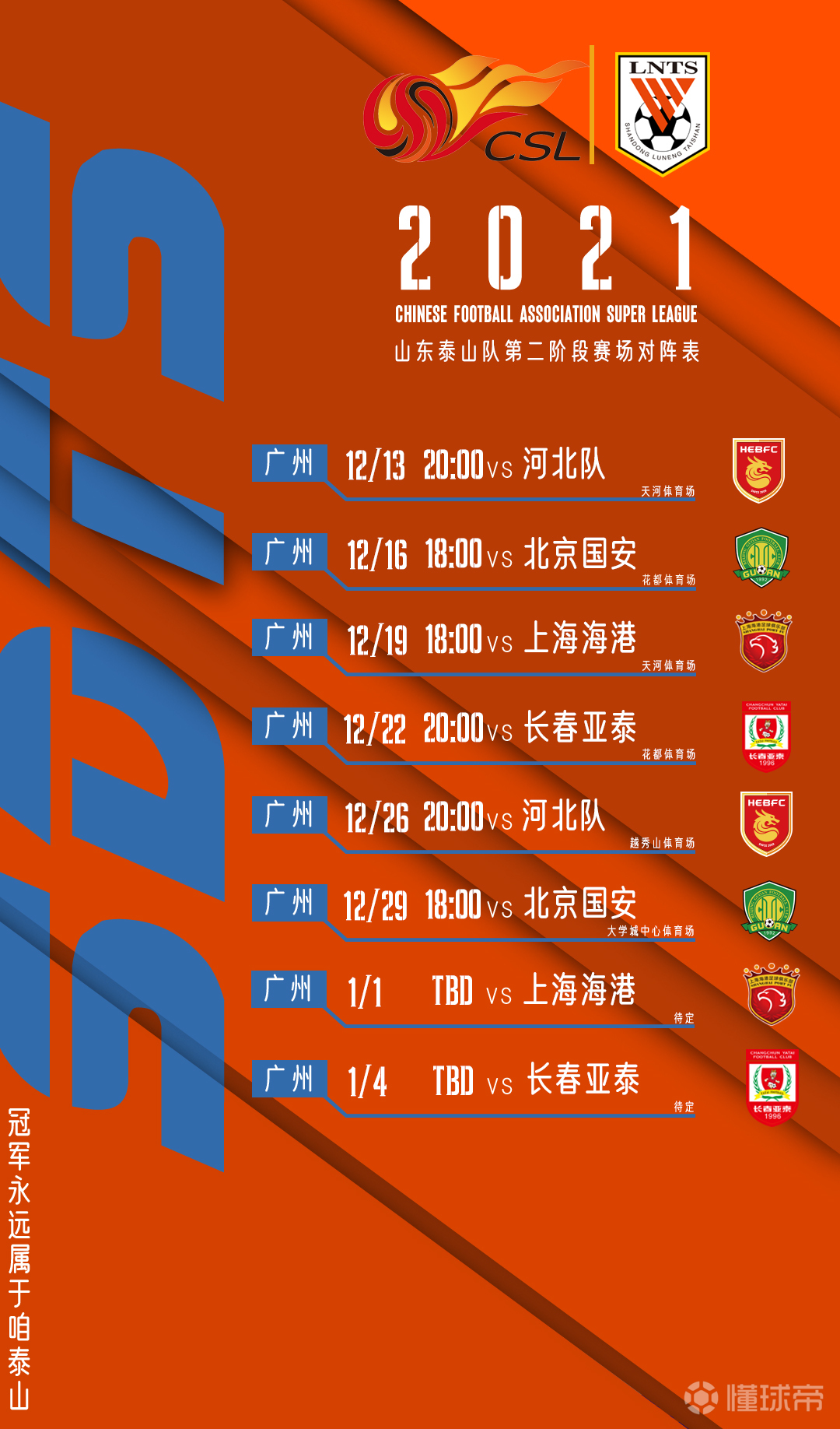 2021赛季中超第二赛段争冠组山东泰山队赛程表